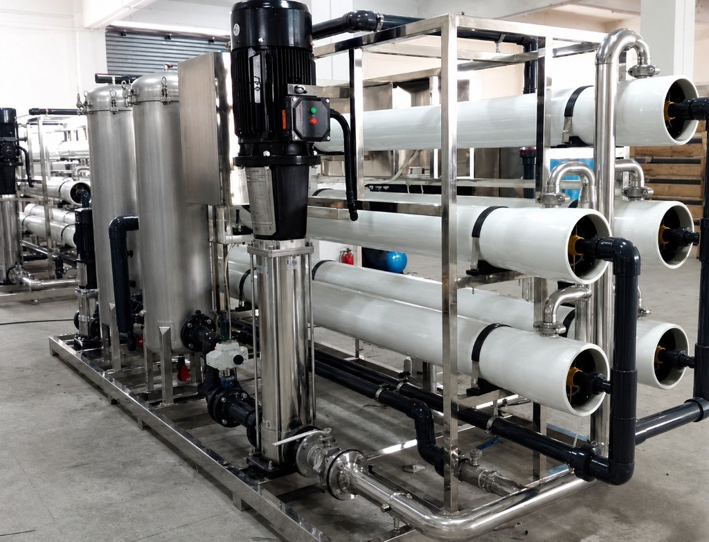 Stanley Water endüstriyel ters ozmoz skidi — paslanmaz çelik şasi, dikey çok kademeli pompa ve membran kapları
