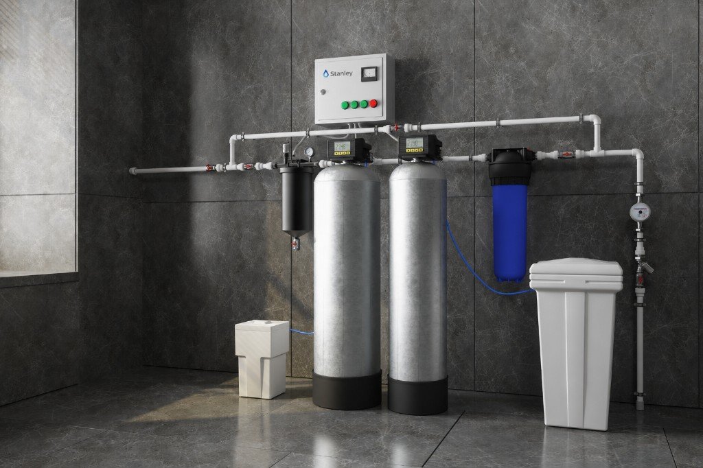 Stanley Water twin-tank evsel yumuşatma sistemi — villa ve dubleks kurulumu